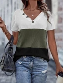 MDB Kadın Kısa Kollu V Yakalı Düğmeli Waffle Bluz thumbnail 3