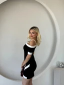 MDB Kadın Kısa Kollu Asimetrik Kesim Yaka şerit Ve Aksesuar Detaylı odal Elbise thumbnail 8