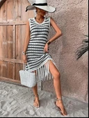 MDB Kadın Kolsuz V Yaka Eteği Püsküllü çizgi Desen Triko Elbise thumbnail 5