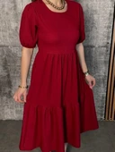 MDB Kadın Kısa Kollu Yakası Açık Katlı Bürümcük Balon Elbise thumbnail 2