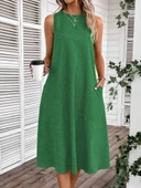 MDB Kadın Kolsuz Bisiklet Yaka Cepli Midi Keten Elbise thumbnail 3