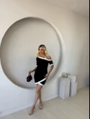 MDB Kadın Kısa Kollu Asimetrik Kesim Yaka şerit Ve Aksesuar Detaylı odal Elbise thumbnail 3