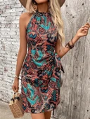 MDB Kadın Omuzlardan Açık Yarı Balıkçı Yaka Yandan çapraz Bağlama Detaylı Süprem Kısa Elbise thumbnail 4