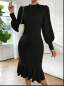 MDB Kadın Uzun Kollu Yarı Balıkçı Yaka Etek Ucu Fırfır Detaylı Midi Ithal Krep Elbise thumbnail 3