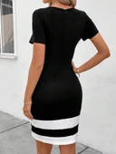 MDB Kadın Kısa Kollu Bisiklet Yaka çift Renkli Ithal Krep Elbise thumbnail 3