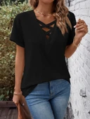 MDB Kadın Kısa Kollu önden çapraz Detay V Yakalı Viskon Bluz thumbnail 4