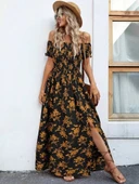 MDB Kadın Kısa Kollu Madonna Yaka Yırtmaçlı çiçek Desenli Süprem Elbise thumbnail 1