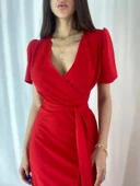 MDB Kadın Kruvaze Yaka idi Boy Kuşaklı Krep Elbise 120 Cm thumbnail 8