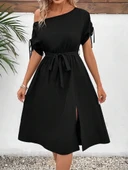 MDB Kadın Tek Omuzu Açık Kol Ucu Fiyonklu Belden Kuşaklı Yırtmaç Detaylı Viskon Elbise thumbnail 7