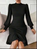 MDB Kadın Uzun Kollu Yarı Balıkçı Yaka Etek Ucu Fırfır Detaylı Midi Ithal Krep Elbise thumbnail 4