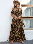 MDB Kadın Kısa Kollu Madonna Yaka Yırtmaçlı çiçek Desenli Süprem Elbise thumbnail 3