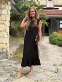 MDB Kadın Omuzlardan Büzgülü Kayık Yaka Fırfırlı Janjan Krep Elbise thumbnail 6