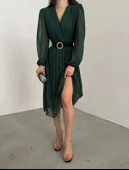 MDB Kadın şifon Kumaş Astalı Kloş Kesim Kruvaze Yaka idi Boy Elbise thumbnail 4