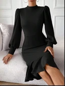 MDB Kadın Uzun Kollu Yarı Balıkçı Yaka Etek Ucu Fırfır Detaylı Midi Ithal Krep Elbise thumbnail 5