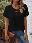 MDB Kadın Kısa Kollu önden çapraz Detay V Yakalı Viskon Bluz thumbnail 7