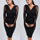 MDB Kadın Uzun Kollu Kruvaze Yaka Kollar Tül Detay Krep Mini Boy Elbise thumbnail 3