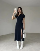MDB Kadın Kısa Kollu Yakadan Ve Etekten Fermuarlı Midi Viskon Iki Iplik Elbise thumbnail 5