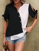 MDB Kadın Kısa Kollu Kollardan Bağlamalı önden Asimetrik Kesim çift Renk Detaylı Düğmeli Ithal Krep Bluz thumbnail 4