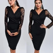 MDB Kadın Uzun Kollu Kruvaze Yaka Kollar Tül Detay Krep Mini Boy Elbise thumbnail 2