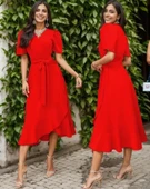 MDB Kadın Kruvaze Yaka idi Boy Kuşaklı Krep Elbise 120 Cm thumbnail 3