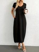 MDB Kadın Kısa Kollu Yakası Yuvarlak Cepli Viskon Elbise thumbnail 3