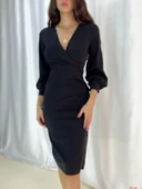 MDB Kadın Kruvaze Yaka Balon Kol idi Boy Elbise thumbnail 1