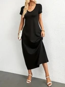 MDB Kadın Kısa Kollu Yakası Yuvarlak Cepli Viskon Elbise thumbnail 1