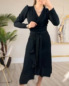 MDB Krep Kumaş idi Boy Kuşaklı Uzunkol Elbise 113 Cm thumbnail 5