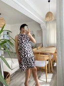 MDB Kadın Kolsuz Sırttan Bağlamalı Fırfırlı Leopar Desenli Süprem Elbise thumbnail 5