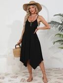 MDB Kadın Ip Askılı Yuvarlak Yakalı Asimetrik Kesim Viskon Elbise thumbnail 2