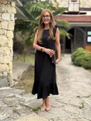 MDB Kadın Omuzlardan Büzgülü Kayık Yaka Fırfırlı Janjan Krep Elbise thumbnail 4