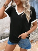 MDB Kadın Kısa Kollu V Yakalı Viskon Bluz thumbnail 4