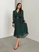 MDB Kadın şifon Kumaş Astalı Kloş Kesim Kruvaze Yaka idi Boy Elbise thumbnail 1