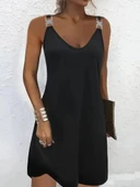 MDB Kadın Askılı V Yakalı Toka Detaylı Janjan Krep Elbise thumbnail 3