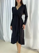 MDB Krep Kumaş idi Boy Kuşaklı Uzunkol Elbise 113 Cm thumbnail 7