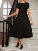 MDB Kadın Kısa Kollu V Yakalı önden Pileli Midi Janjan Krep Elbise thumbnail 3