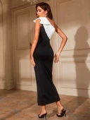 MDB Kadın Omuzlardan Kurdela Detaylı Siyah Beyaz çift Renkli Yırtmaçlı Midi Dalgıç Elbise thumbnail 2