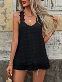 MDB Kadın Dantel Askılı V Yakalı Sırtı çapraz Detaylı Ponpon Bluz thumbnail 1