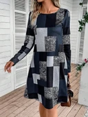 MDB Kadın Uzun Kollu Yuvarlak Yaka Geometrik Süprem Elbise thumbnail 3