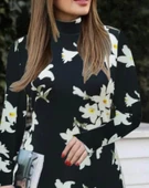 MDB Kadın Balıkçı Yaka Uzun Kollu çiçek Desenli Krep Elbise thumbnail 2