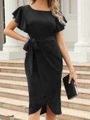 MDB Kadın Kısa Fırfır Kollu Yakası Açık Belden Kuşaklı çapraz Kesim Detaylı Ithal Krep Elbise thumbnail 3