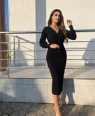 MDB Kadın Uzun Kollu Kruvaze Yaka Büzgü Ve Balon Kol Detay Krep Kumaş axi Boy imli Elbise thumbnail 1