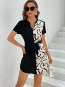 MDB Kadın Kısa Kollu V Yakalı çift Renkli Desenli Beli Kuşaklı Atlas Elbise thumbnail 3