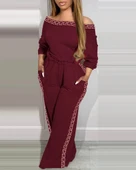 MDB Kadın Uzun Kollu Omuzlardan Açık Beli Lastikli Cepli şerit Desenli Viskon Iki Iplik Tulum thumbnail 1