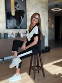 MDB Kadın Kısa Kollu V Yaka Siyah Beyaz Renkli Viskon Iki Iplik Kumaş Eşofman Takımı thumbnail 4