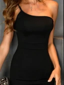 MDB Kadın Tek Omuz Askılı Etegi Volanlı Janjan Krep Elbise thumbnail 2