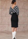MDB Uzun Kollu Kruvaze Yaka çizgi Desenli Kısa Triko Elbise thumbnail 2