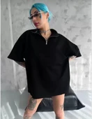 MDB Unisex Yarım Fermuarlı Düz Oversize Thirt  iyah thumbnail 1