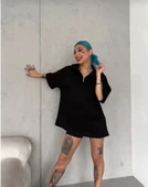 MDB Unisex Yarım Fermuarlı Düz Oversize Thirt  iyah thumbnail 3