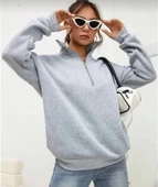 MDB Unisex Uzun Kol Yarım Farmuarlı Yakalı Basic weathirt  Gri thumbnail 2